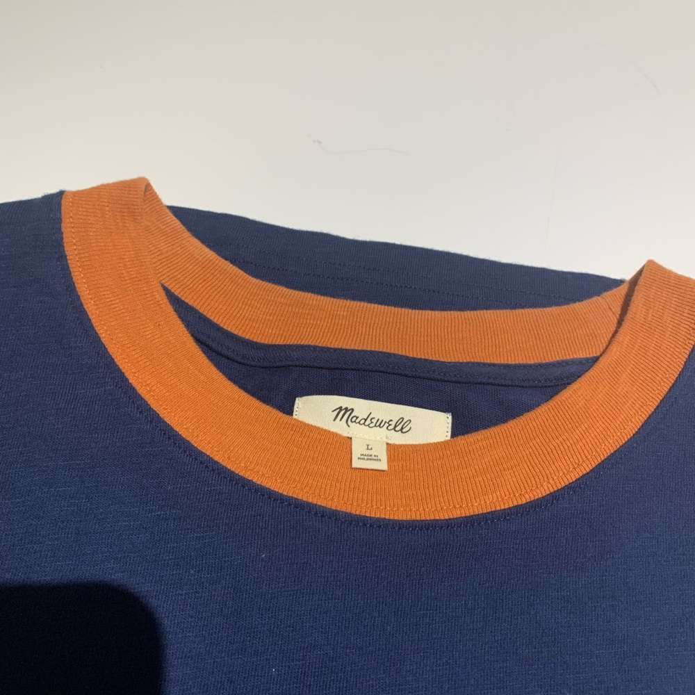 Madewell Ringer Everyday Crop Tee. Blue with Orange trim. Size L.